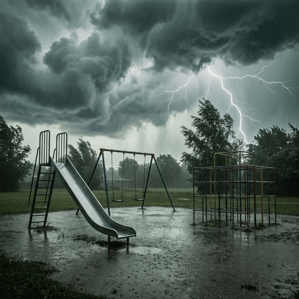 Lightning strikes behind an empty slide and swings during a heavy thunderstorm with dark clouds.